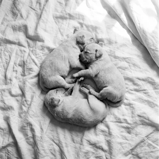 Three Puppies Sleeping on Rumpled Sheet