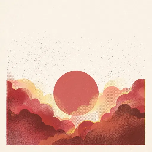 Vintage Risograph Red Sun and Clouds