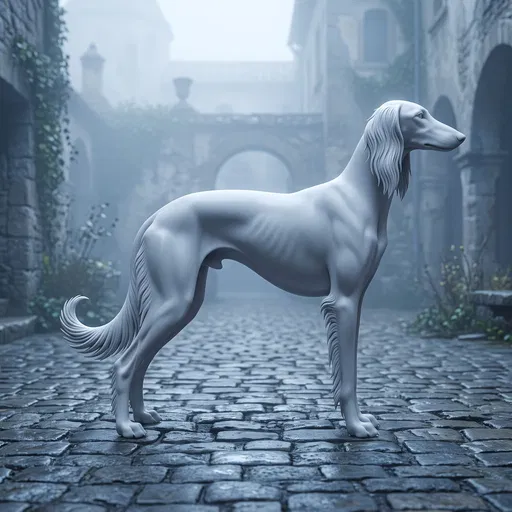 White Sculptural Saluki in Misty Courtyard
