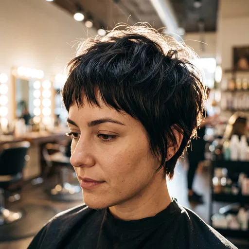 Woman With Dark Pixie Cut in Salon