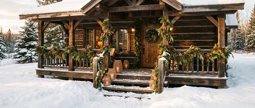 Rustic Snowy Cabin Porch With Holiday Decor