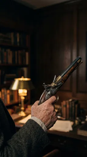 Older Hand Holding Antique Pistol in Study