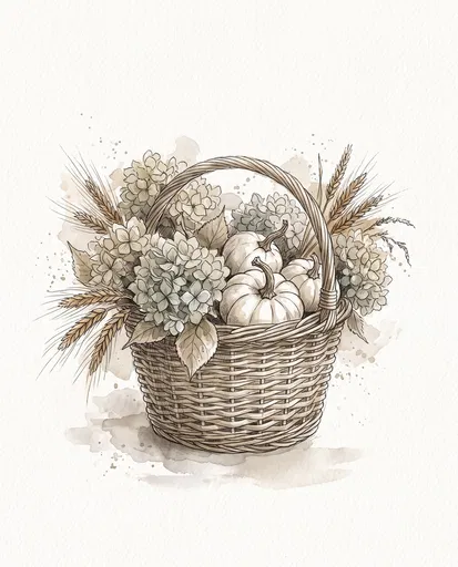Watercolor Autumn Basket With Pumpkins and Hydrangeas