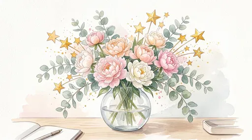Watercolor Peony Bouquet With Golden Stars