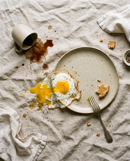 Spilled Coffee and Egg Breakfast Mess