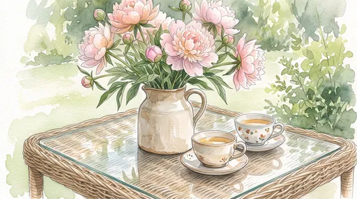 Watercolor Peonies and Tea on Rattan Table