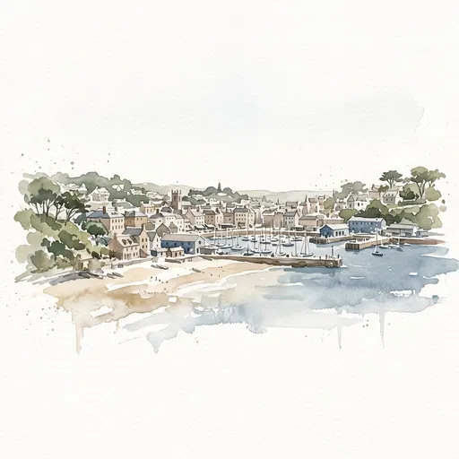 Watercolor Coastal Harbor Town Illustration