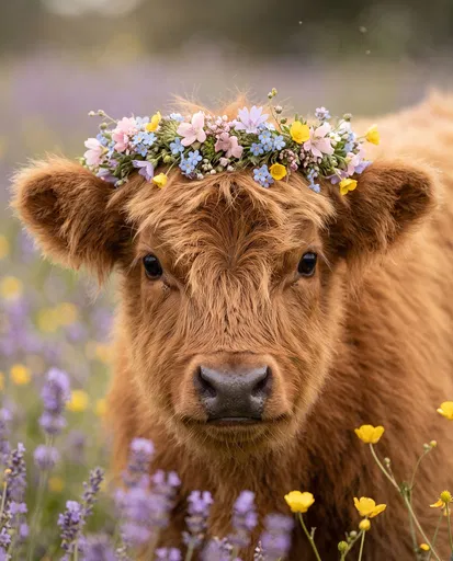 Highland Calf Wearing Wildflower Crown