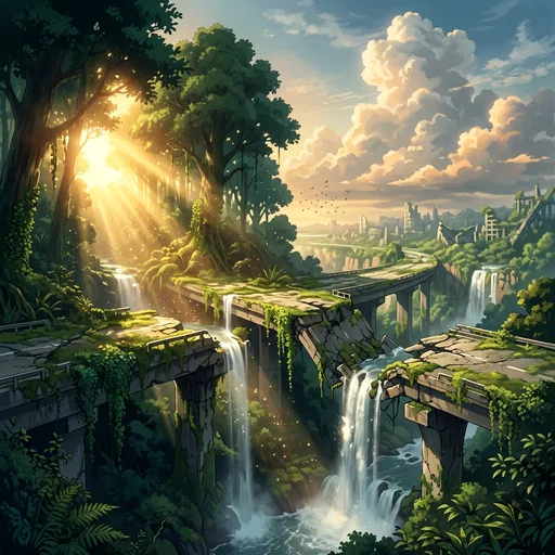 Post-Apocalyptic Overgrown Highway with Waterfalls