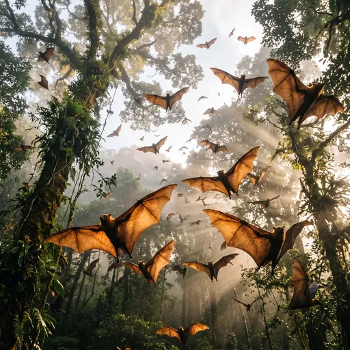 Flying Foxes in Misty Rainforest Canopy