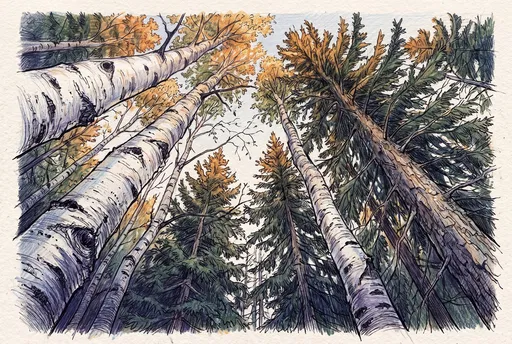 Low Angle Birch and Spruce Forest Sketch