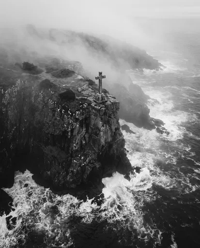 Stone Cross on Misty Coastal Cliff