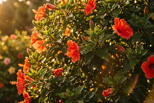 Red Hibiscus Flowers in Golden Sunlight