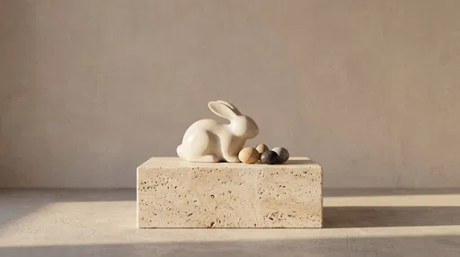 Minimalist Ceramic Rabbit and Eggs on Plinth