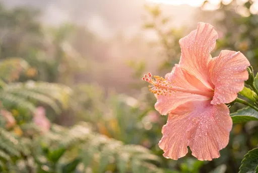 Dewy Peach Hibiscus in Morning Sunlight
