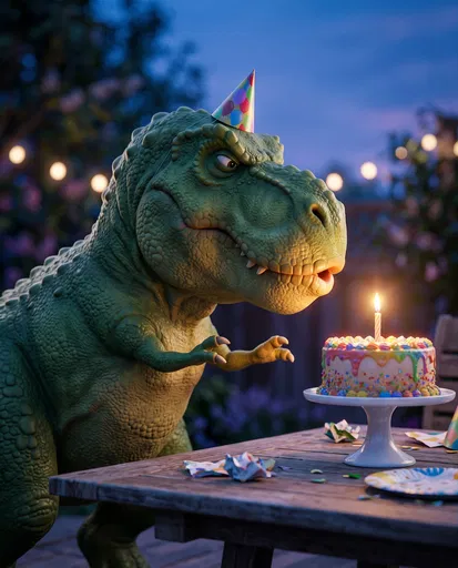 Grumpy T-Rex With Birthday Cake