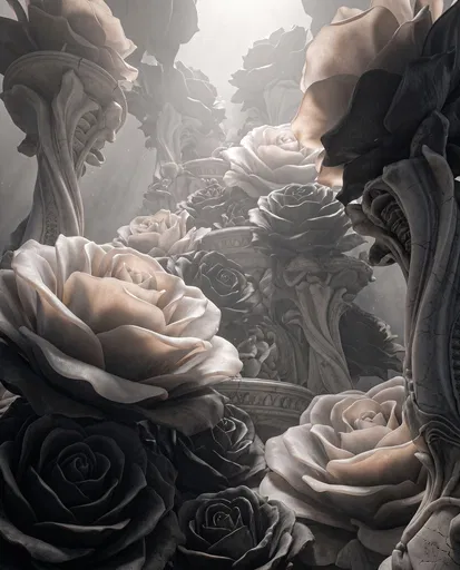 Sculptural Alabaster and Charcoal Roses