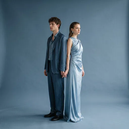 Couple in Blue Silk Standing Back-to-Back
