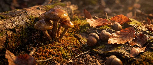 Mushrooms and Acorns on Autumn Forest Floor