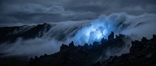 Blue Lightning Illuminating Mountain Fog