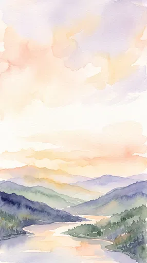 Pastel Watercolor Mountain Lake Landscape
