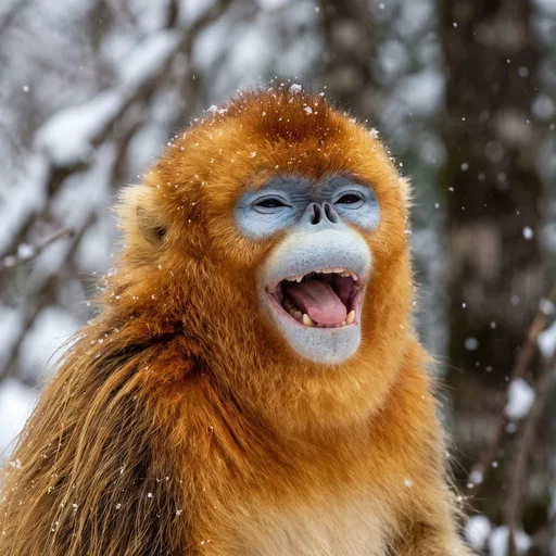 Laughing Golden Snub-Nosed Monkey in Snow