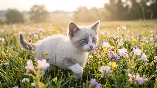 Kitten Sniffing Wildflowers in Sunlit Meadow