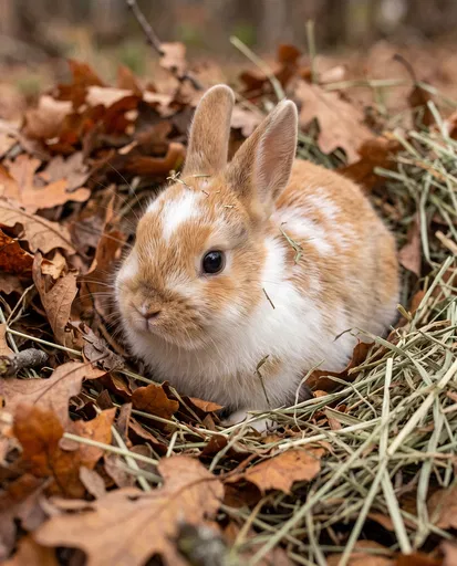 Dwarf Rabbit in Autumn Leaves and Hay