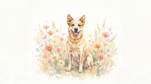 Watercolor Red Cattle Dog in Wildflowers