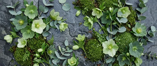 Green Hellebores and Moss on Wet Slate