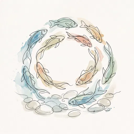 Minimalist Line Art Fish Circle with Watercolor