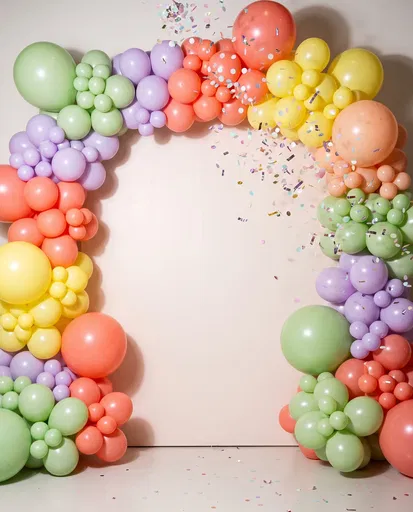 Pastel Rainbow Balloon Arch With Confetti