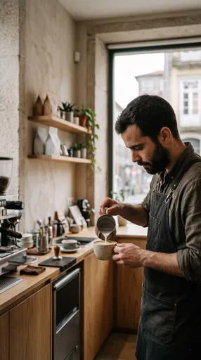 Bearded Barista Pouring Milk in Minimalist Cafe