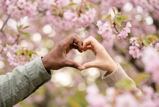 Diverse Hands Forming Heart in Blossoms