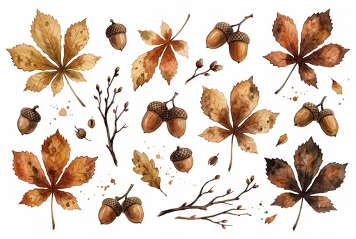 Watercolor Autumn Leaves and Acorns Clipart