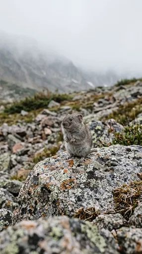 Vole Standing on Lichen Covered Boulder
