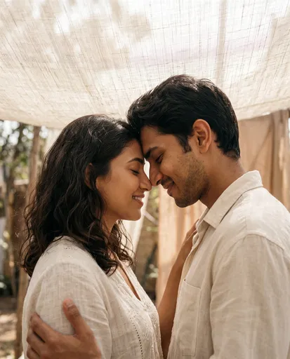 South Asian Couple Under Linen Canopy