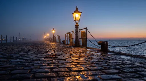 Glowing Lanterns on Cobblestone Pier at Dusk