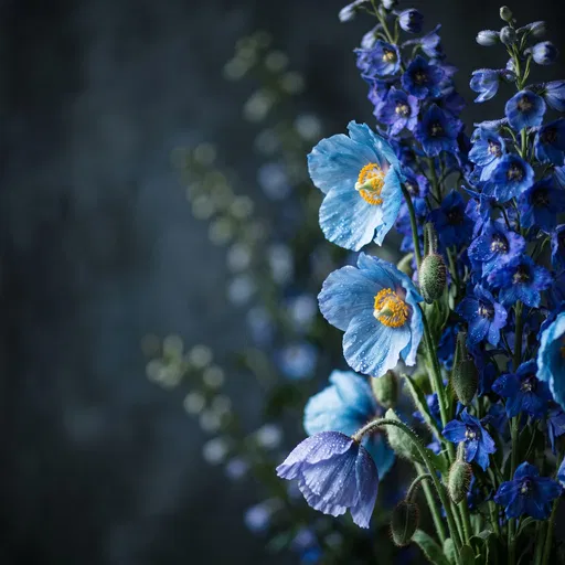 Blue Poppies and Delphiniums Dark Background