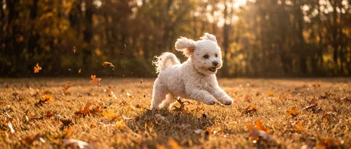 White Fluffy Dog Running in Autumn Field