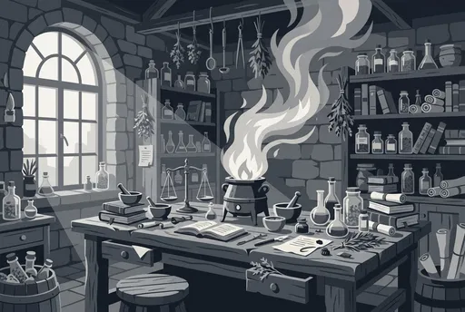 Monochrome Alchemist Workbench Vector Illustration