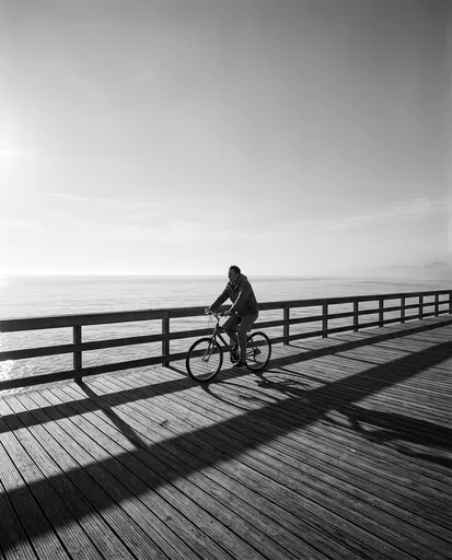 Monochrome Cyclist Riding on Coastal Boardwalk