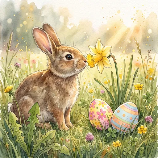 Watercolor Rabbit Sniffing Daffodil Near Easter Eggs