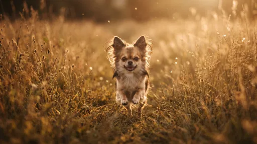 Long-Haired Chihuahua Running in Golden Grass