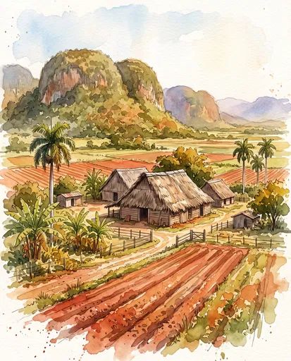 Watercolor Cuban Farmstead and Mogote Hills