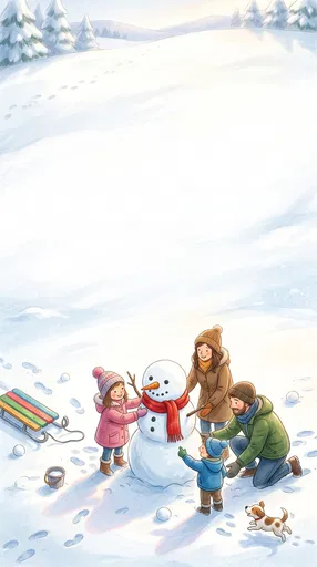 Family Building Snowman Winter Illustration