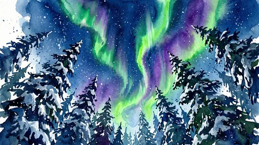 Watercolor Aurora Over Snowy Pines