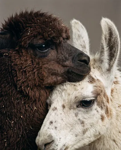 Brown Alpaca and Spotted Llama Portrait