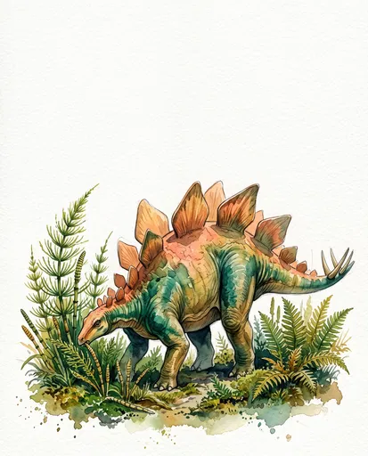 Watercolor Stegosaurus Grazing on Prehistoric Plants