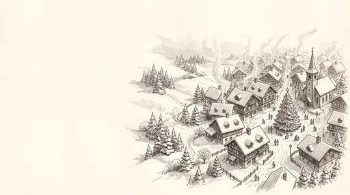 Alpine Christmas Village Ink Wash Illustration
